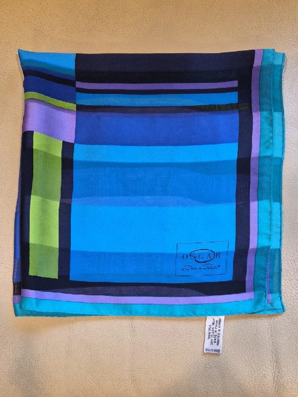 Vintage Silk Oscar de la Renta Blue Purple and Lime Green Geometric Scarf